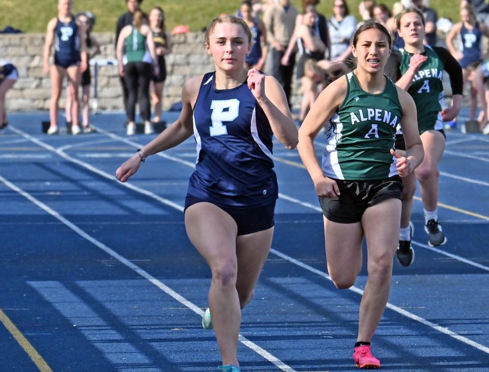 Petoskey's Nevaeh Leonard, along with teammates Alexandra Petok, Emma Mitas and Madeline Loe set a new school record in the 4x100 relay at the Ken Bell Invite recently.