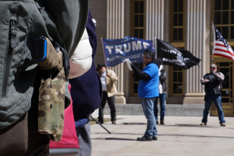 <p>Mead Daniel Marces addresses a gun-rights rally Saturday, April 14, 2018, in front of the Wyoming Supreme Court in Cheyenne, Wyo. About 100 people took part including a handful openly carrying firearms. (Photo: Mead Gruver/AP) </p>