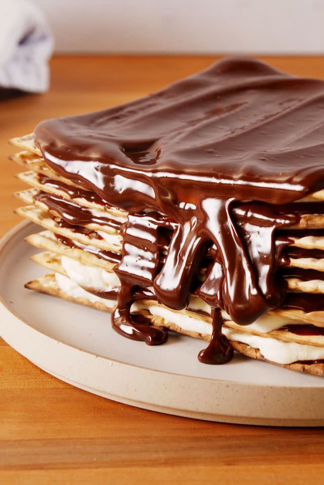 chocolate matzoh icebox cake on a plate