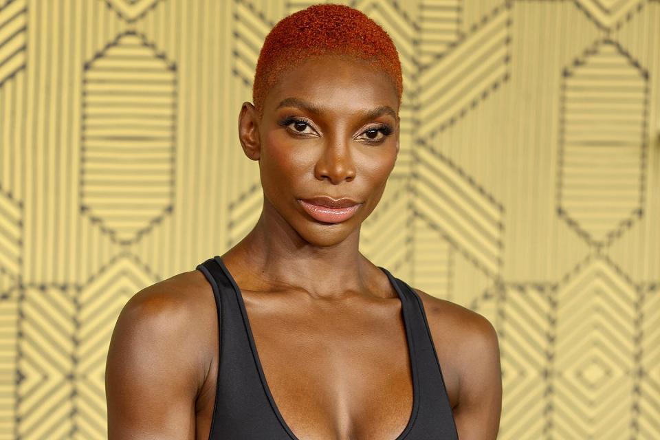 Michaela Coel attends the "Black Panther: Wakanda Forever" European Premiere at Cineworld Leicester Square on November 03, 2022 in London, England.