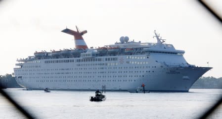 pThe Bahamas Paradise Cruise Line ship, Grand Celebration, enters the Port of Palm Beach in Riviera Beach