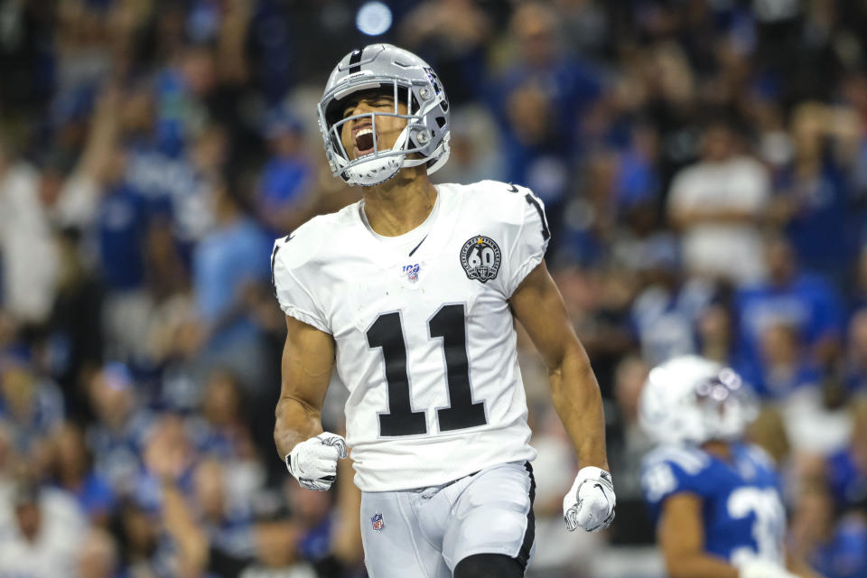 Oakland Raiders wide receiver Trevor Davis (11) celebrates a touchdown against the Indianapolis Colts during the first half of an NFL football game in Indianapolis, Sunday, Sept. 29, 2019. (AP Photo/AJ Mast)