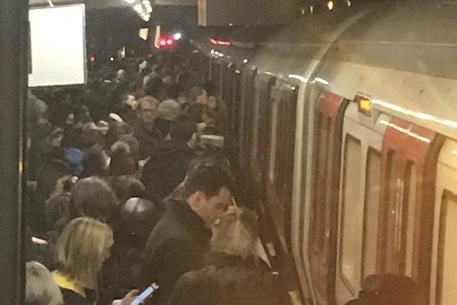 Tube delays: A busy District line station on Thursday evening: @simonnread/Twitter