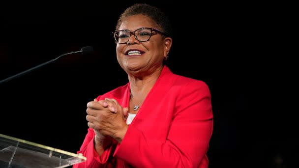 PHOTO: Los Angeles mayoral candidate Rep. Karen Bass speaks at an election night party in Los Angeles, Nov. 8, 2022.  (Jae C. Hong/AP, FILE)