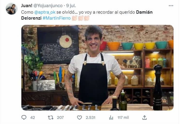 Los usuarios notaron la falta en el In Memoriam de los Martín Fierro del chef televisivo Damián Delorenzi, fallecido en abril de este año