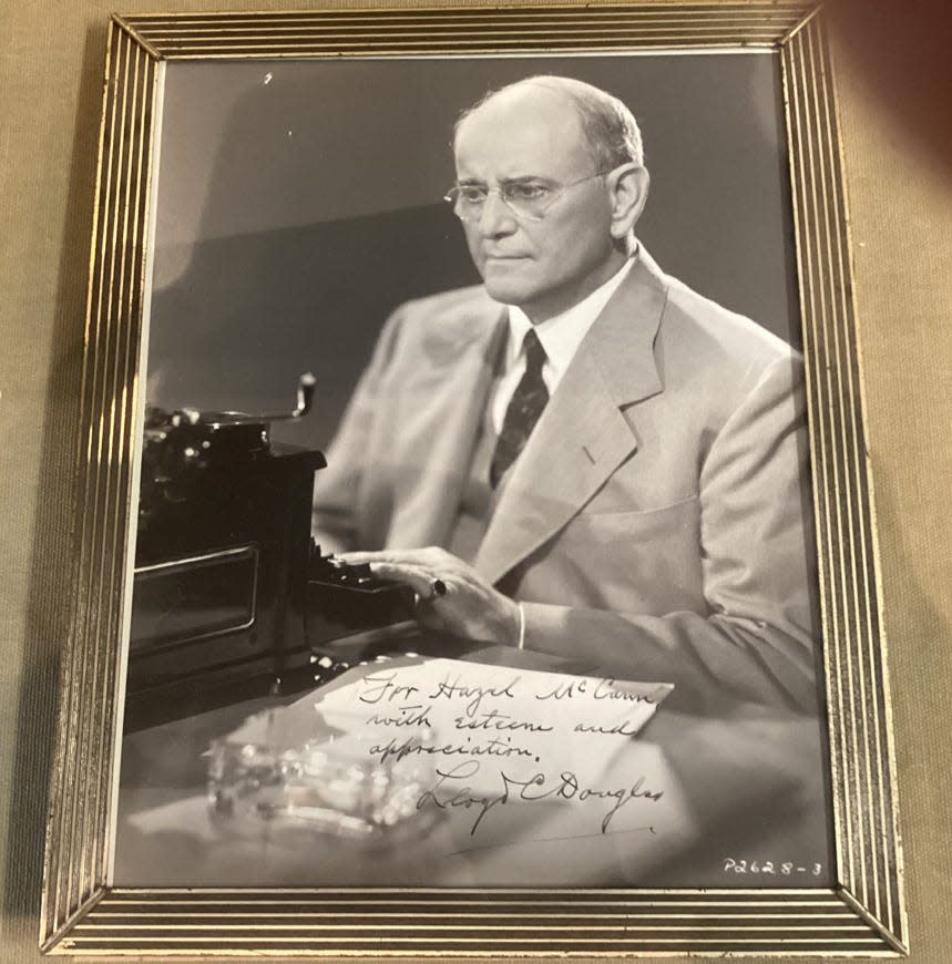 Among Hazel McCann items archived in the Ramsayer Research Library at McKinley Presidential Library & Museum is this photograph of Lloyd C. Douglas, author of "The Robe," thanking McCann for inspiring the novel. "For Hazel McCann with esteem and appreciation," he wrote.