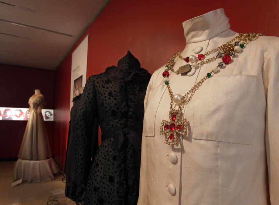 A design by Chanel, from the 1976 production of "Coco," is shown as part of the "Katharine Hepburn: Dressed for Stage and Screen" exhibit in the New York Public Library for the Performing Arts at Lincoln Center, Tuesday, Oct. 16, 2012. (AP Photo/Richard Drew)