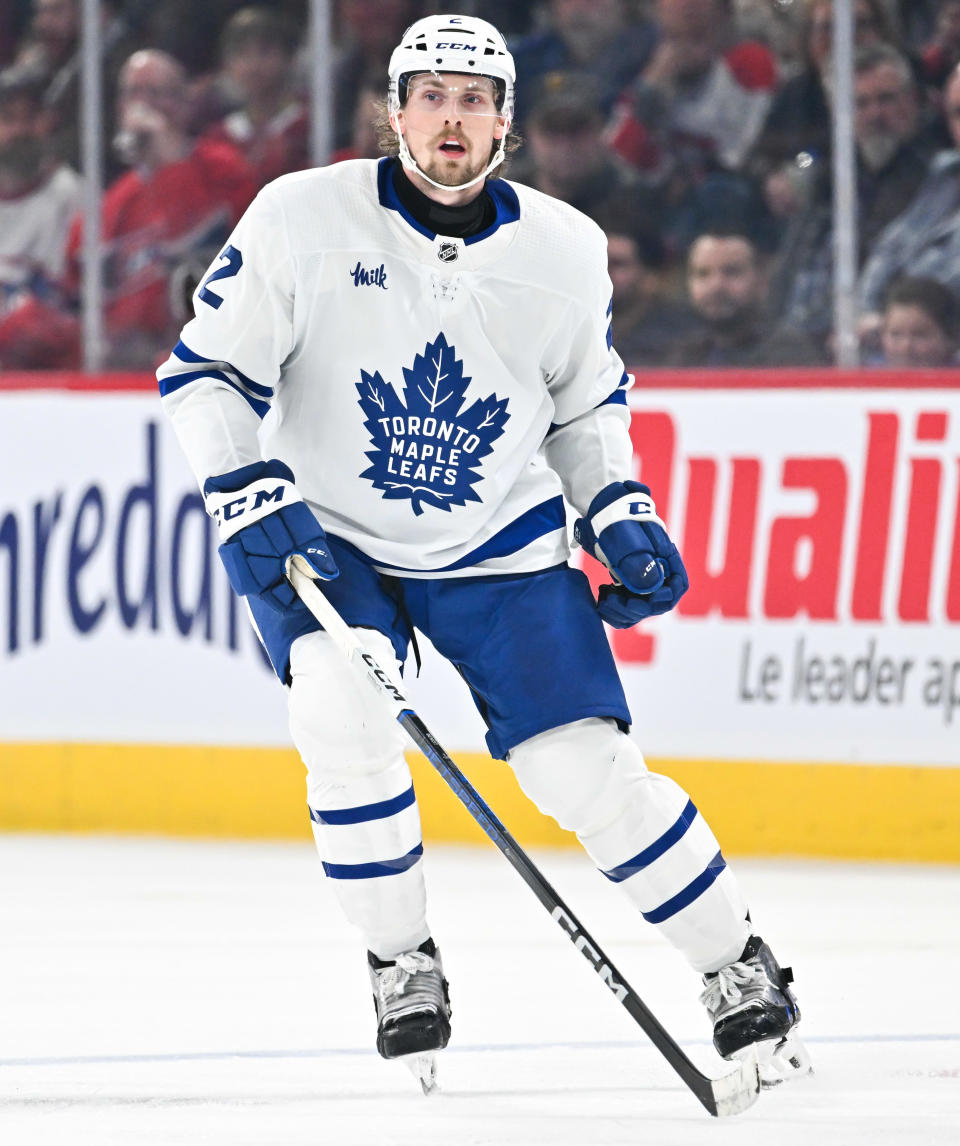 MONTREAL, CANADA - APRIL 06:  Simon Benoit #2 of the Toronto Maple Leafs skates during the third period against the Montreal Canadiens at the Bell Centre on April 6, 2024 in Montreal, Quebec, Canada.  The Toronto Maple Leafs defeated the Montreal Canadiens 4-2.  (Photo by Minas Panagiotakis/Getty Images)