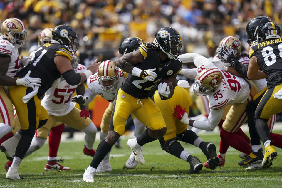 Pittsburgh Steelers running back Najee Harris runs with the ball against the San Francisco 49ers during the first half of an NFL football game, Sunday, Sept. 10, 2023, in Pittsburgh. (AP Photo/Matt Freed)