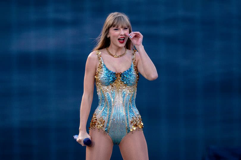 Taylor Swift performs on stage during her Eras Tour at the Murrayfield Stadium in Edinburgh.