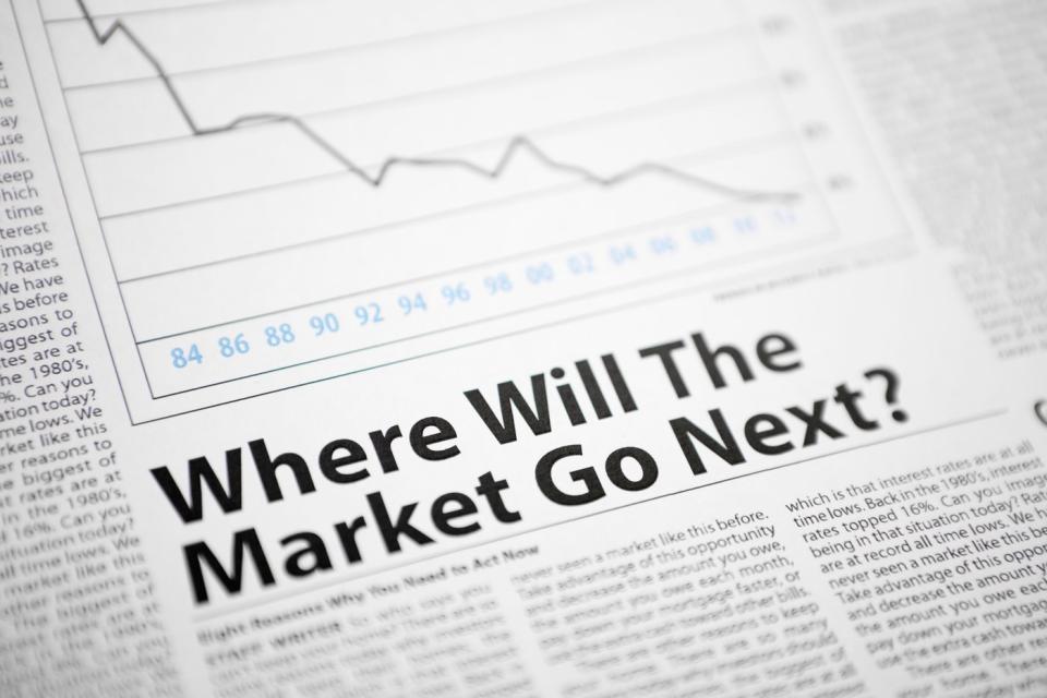 A newspaper clipping that includes a declining stock chart and the words, Where Will the Market Go Next?