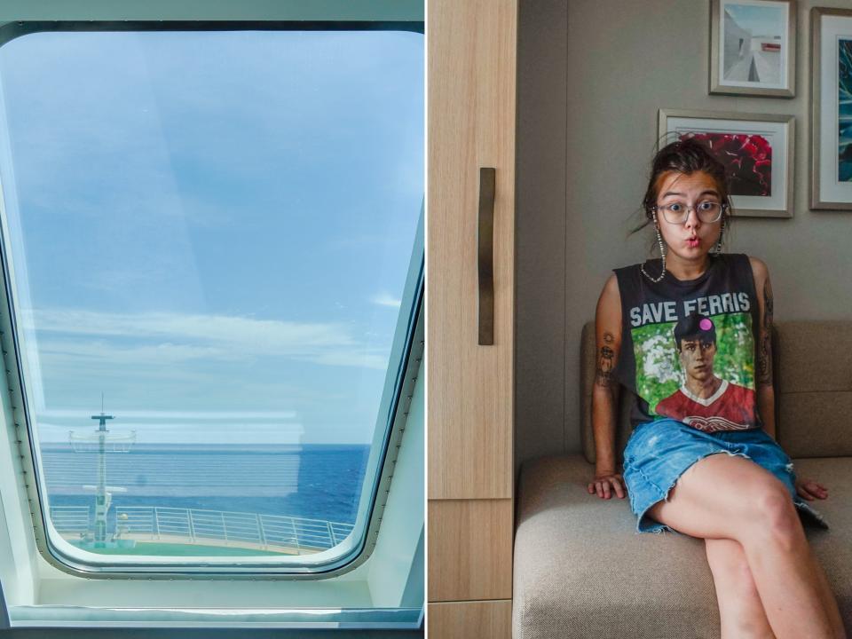 left: window shows the front of the ship Right: the author reacts to the bumpy ride in her room
