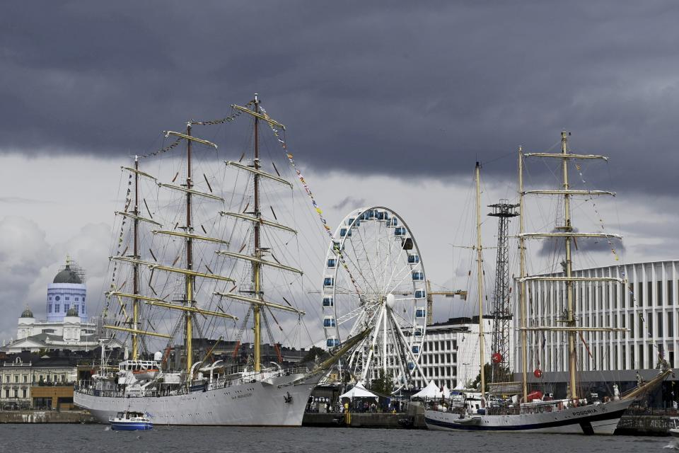 Polish ship Dar Mlodziezy (left) and Pogoria during the opening day of the Tall Ships Races event in Helsinki, Finland, Thursday July 4, 2024. Dozens of impressive classic sailing vessels from 13 different countries currently plying the Baltic Sea arrived at the Finnish capital on Thursday at the end of the first leg of the Tall Ships Races that kicked off from the Lithuanian port city of Klaipeda late June. (Aada Pet'j'/Lehtikuva via AP)