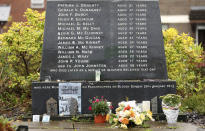 Photo dated Monday Oct. 14, 2019 showing the Bloody Sunday memorial in Londonderry, Northern Ireland with the names of of the victims. Fears about a return to the violence that killed more than 3,500 people over three decades have made Northern Ireland the biggest hurdle for U.K. and EU officials who are trying to hammer out a Brexit divorce deal. (AP Photo/Peter Morrison)