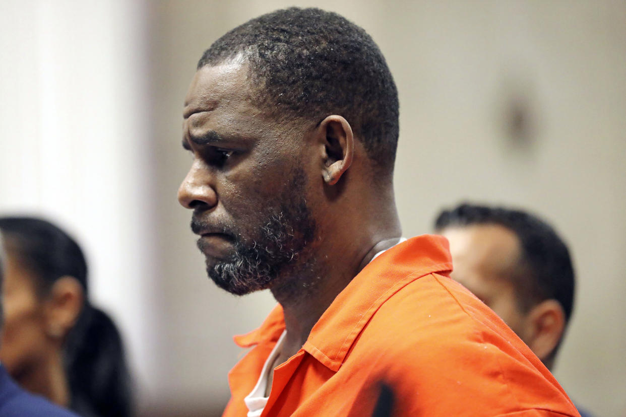 FILE - R. Kelly appears during a hearing at the Leighton Criminal Courthouse in Chicago, Sept. 17, 2019. R&B legend R. Kelly is entering another phase of his well-publicized downward spiral with a sentencing in a New York City courtroom Wednesday, June 29, 2022, that could put him behind bars for a quarter century or more. (Antonio Perez/Chicago Tribune via AP, Pool, File)