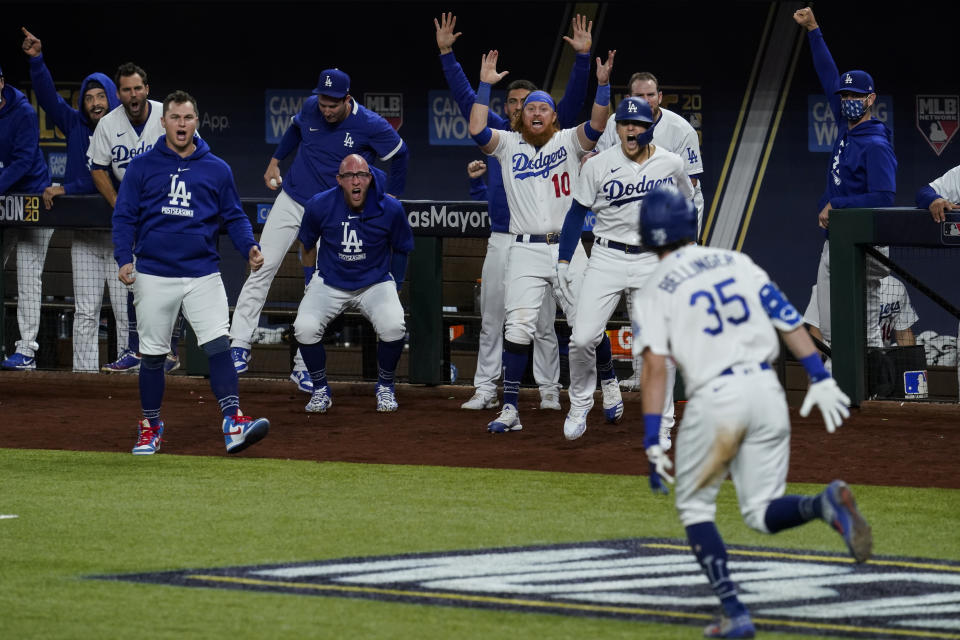 Cody Belliniger's seventh-inning homer sent the Dodgers to the World Series. (Photo by Cooper Neill/MLB Photos via Getty Images)