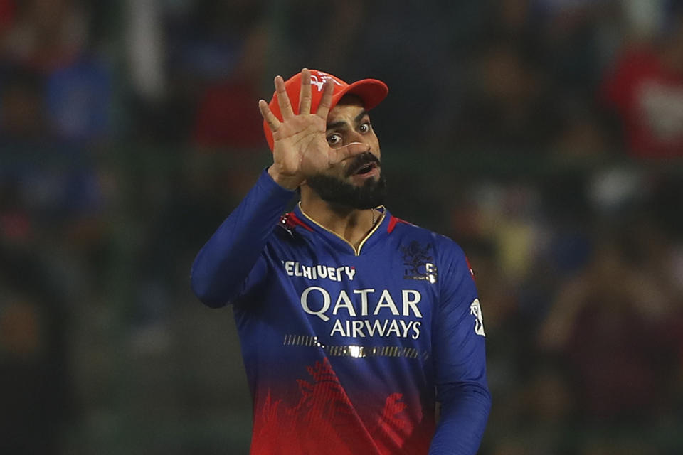 Royal Challengers Bengaluru's Virat Kohli gestures during the Indian Premier League cricket match between Royal Challengers Bengaluru and Delhi Capitals in Bengaluru, India, Sunday, May 12 , 2024. (AP Photo/Kashif Masood)