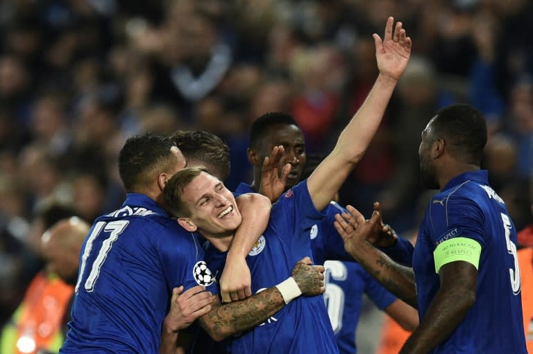 Leicester City's Marc Albrighton celebrates his goal during the Champions League round of 16 clash against Sevilla on March 14, 2017