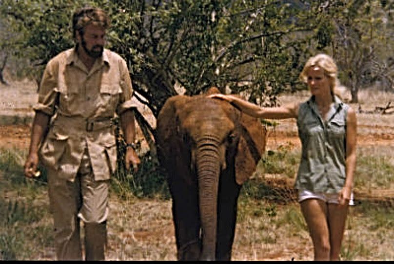 Pole Pole pictured with Virginia McKenna and Bill Travers during the filming of the 1969 film &apos;An Elephant Called Slowly&apos;