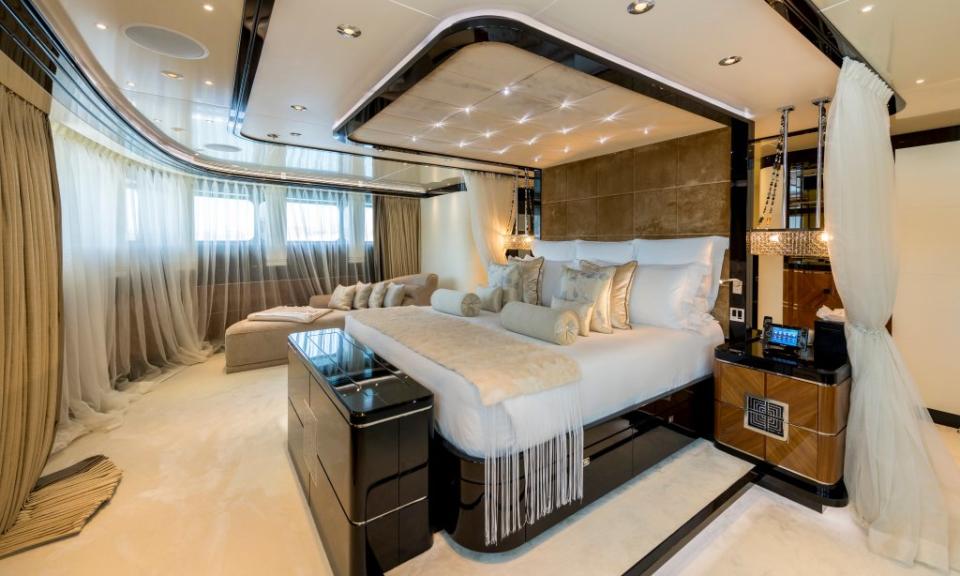 The owner’s suite on the nearly $60 million Talisman C is tricked out with a king-size bed. Invite 13 of your fanciest friends to the slumber party. BURGESS