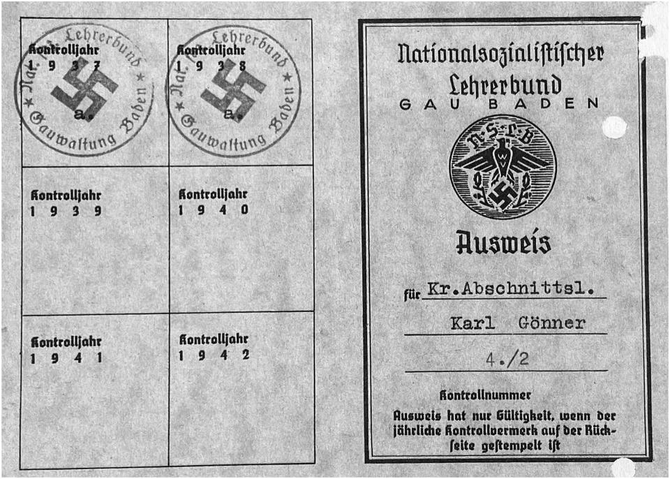 Nazi Teacher’s League identification card - Courtesy of Landesarchiv Baden- Württemberg, Staatsarchiv Freiburg