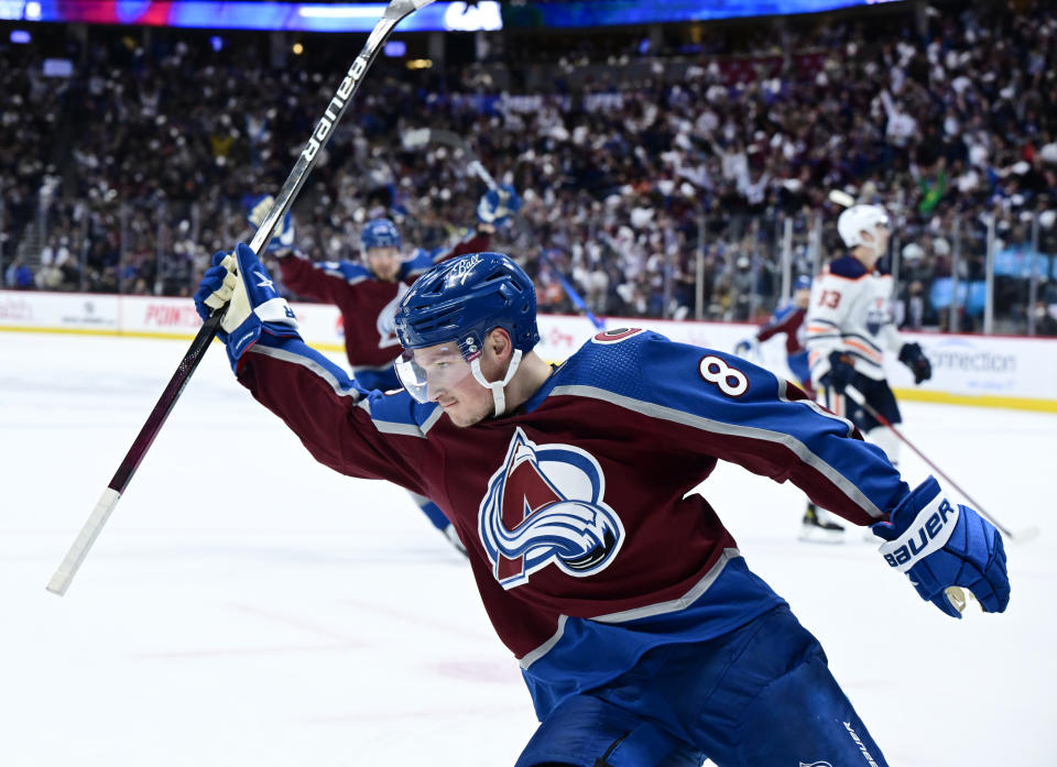 DENVER, CO - MAY 31: Colorado Avalanche defenseman Cale Makar (8) celebrates his goal against Edmonton Oilers goaltender Mike Smith (41) in the second period during game one of the NHL Stanley Cup Western Conference Finals at Ball Arena May 31, 2022. (Photo by Andy Cross/MediaNews Group/The Denver Post via Getty Images)