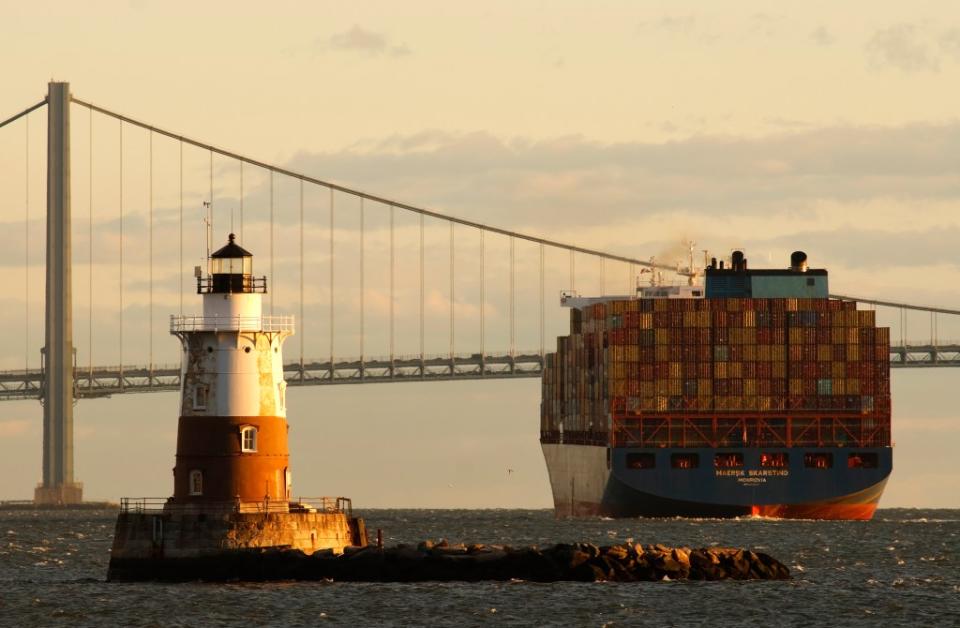 The Verrazzano Bridge’s tower bases are buttressed with large rock walls intended to run wayward ships aground. Getty Images