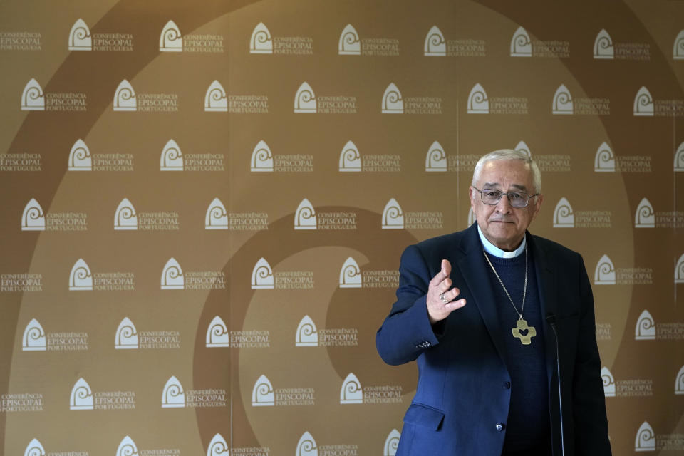 FILE - The head of the Portuguese Bishops Conference, Bishop Jose Ornelas, gestures during a news conference to comment on the report released hours earlier by the Independent Committee for the Study of Child Abuse in the Catholic Church, set up by Portuguese bishops, in Lisbon, Monday, Feb. 13, 2023. Pope Francis is going on a five-day visit next week to Portugal, where a scandal that erupted earlier this year over Catholic Church sex abuse is still simmering, to attend international World Youth Day. (AP Photo/Armando Franca, File)