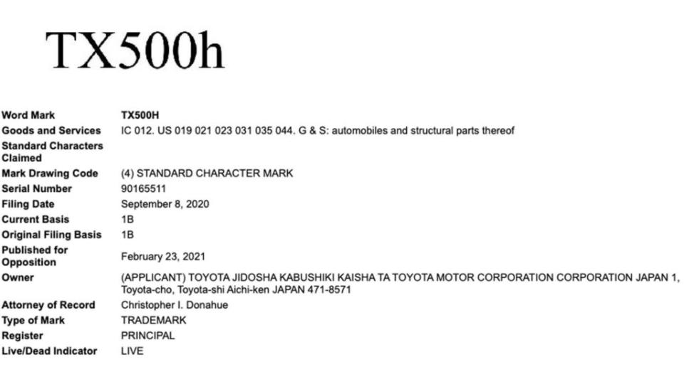 有外媒挖出Lexus在去年5月就註冊了全新TX車系的商標。(圖片來源/ USPTO)