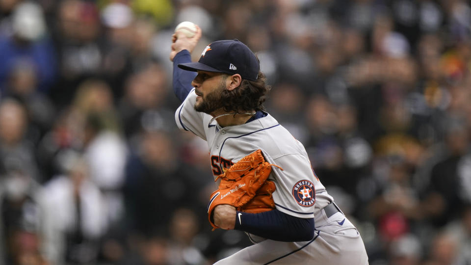 Houston Astros pitcher Lance McCullers Jr. throws against the Chicago White Sox in the first inning during Game 4 of a baseball American League Division Series Tuesday, Oct. 12, 2021, in Chicago. (AP Photo/Nam Y. Huh)