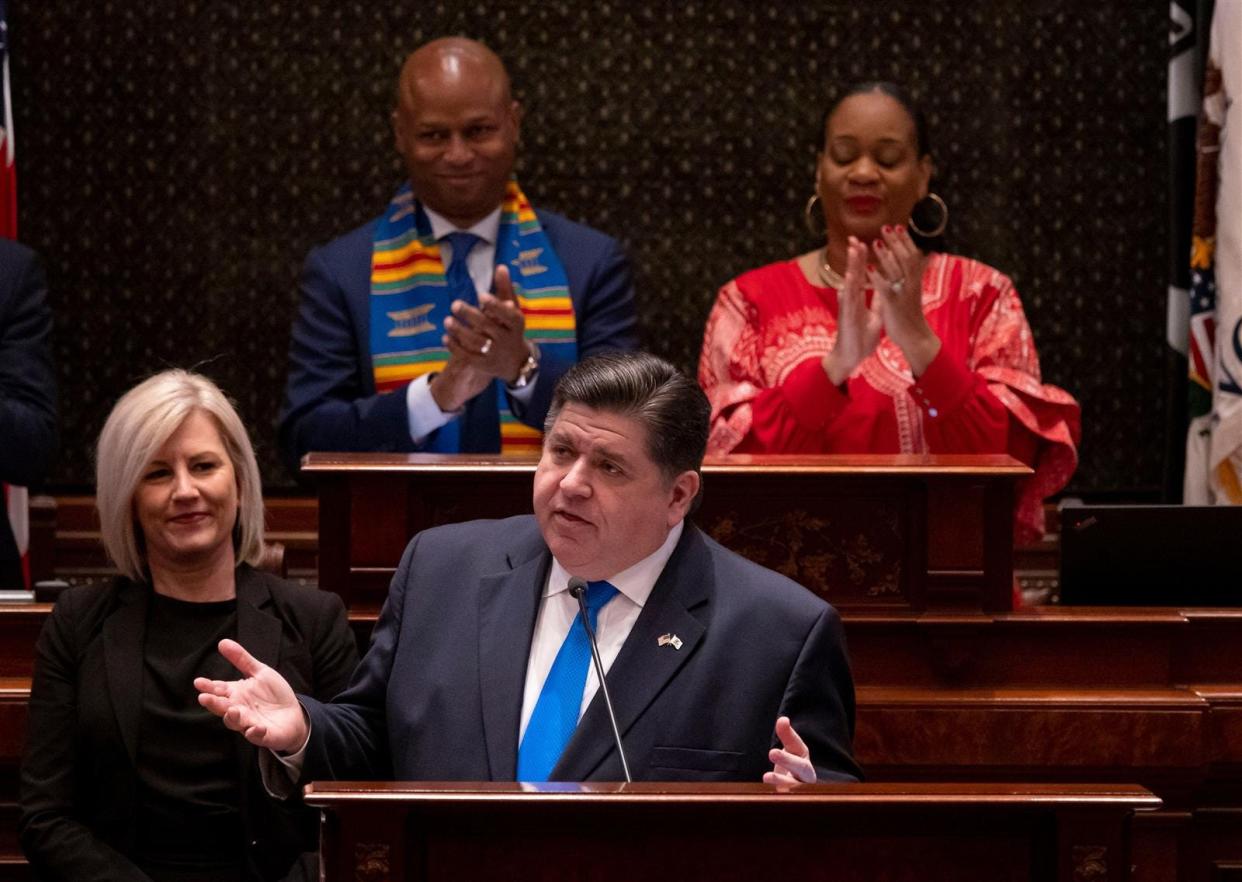 Gov. JB Pritzker delivers his state budget address Wednesday, Feb. 15, 2023, from the Illinois House chamber in Springfield.