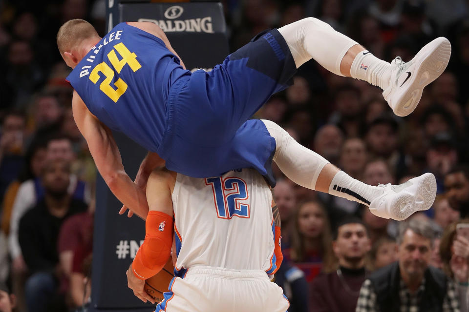 Mason Plumlee was heading for a nasty fall. (Getty Images)