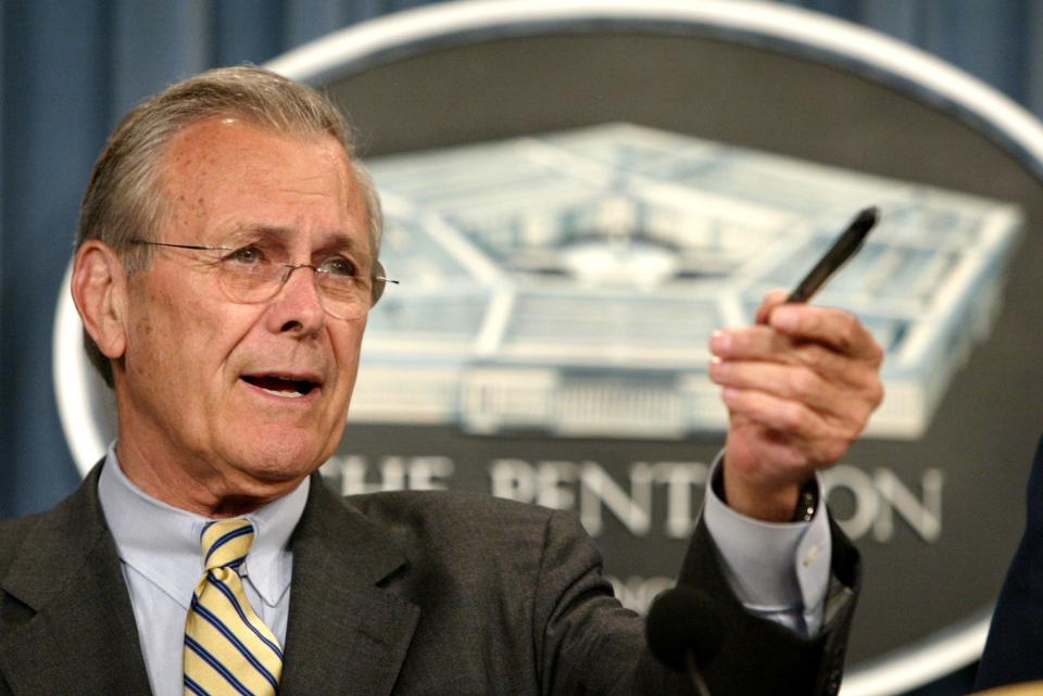 Defense Secretary Donald H. Rumsfeld ponders a question during a news conference at the Pentagon Thursday, Oct. 16, 2003. Rumsfeld discussed various topics including the situation in Iraq and troop morale. 