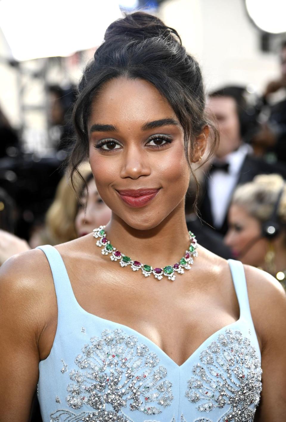 <p>Never one to shy away from a bold beauty look, Laura Harrier just changed our minds about blue eyeshadow—it's stunning. "For the eyes, I first used CHANEL Ombre Première in Pourpre Profond around the upper lash lines, lower lash lines and on the crease of her eyes and softly blended the edges," said makeup artist Hung Vanngo. "I then defined the upper and outer lash lines using <strong>C</strong>HANEL Stylo Yeux Waterproof in Espresso. Finally, I applied CHANEL Ombre Première in Nuage Bleuon the center of her eye lids to highlight the baby blue color of her dress. To complete the eye look, I applied CHANEL Inimitable Mascara in Noir on her upper and lower lashes."<br></p>