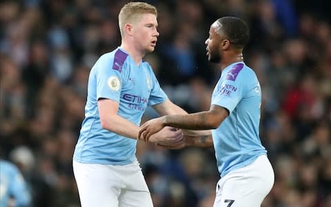 Manchester City's Kevin De Bruyne (L) celebrates with Manchester City's Raheem Sterling (R) after scoring a goal during the English Premier League match between Manchester City and Chelsea - Credit: rex features