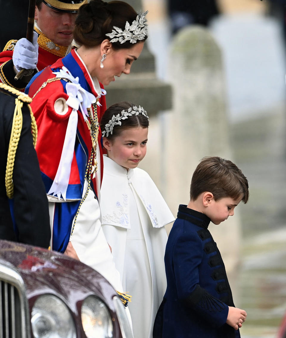 Catherine, Princess of Wales, with Princess Charlotte and Prince Louis at King Charles III's coronation. (Andy Rain / EPA)