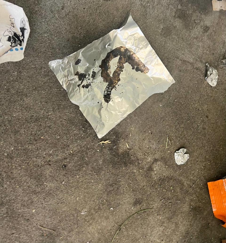 Fentanyl residue is seen on a piece of discarded foil that was used to smoke the drug.