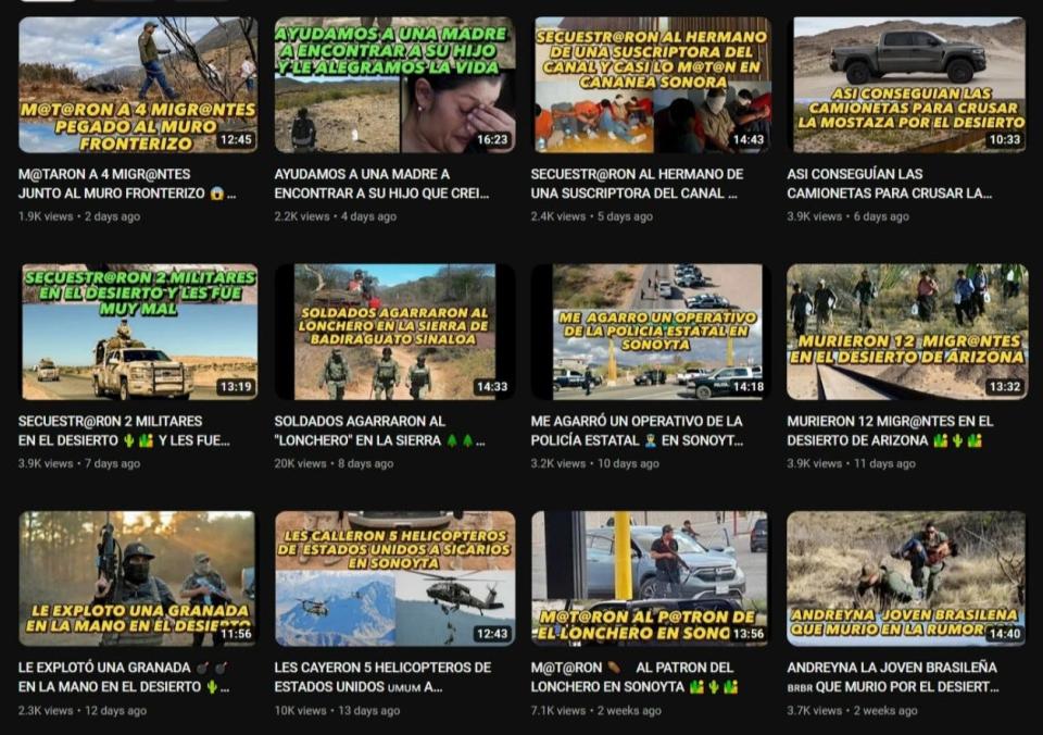 Screengrabs of a YouTube channel that offered advice, stories and tips on how to cross the Arizona-Mexico border.