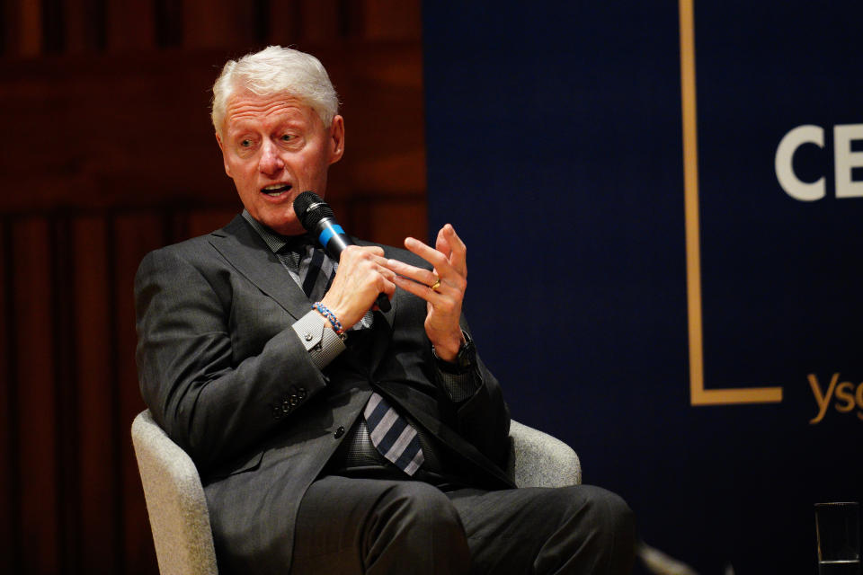 Former US President Bill Clinton during an in-conversation with Hilary Clinton, the First Minister of Wales, Mark Drakeford, and the Vice-Chancellor of Swansea University, Professor Paul Boyle, about current global challenges and the importance of engaging young people in leadership roles at the Great Hall in Swansea University Bay Campus. Picture date: Thursday November 16, 2023. (Photo by Ben Birchall/PA Images via Getty Images)