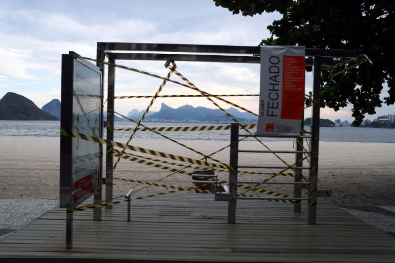 A rig for exercise is pictured at the Icarai beach, banned for users during the coronavirus disease (COVID-19) outbreak, in Niteroi