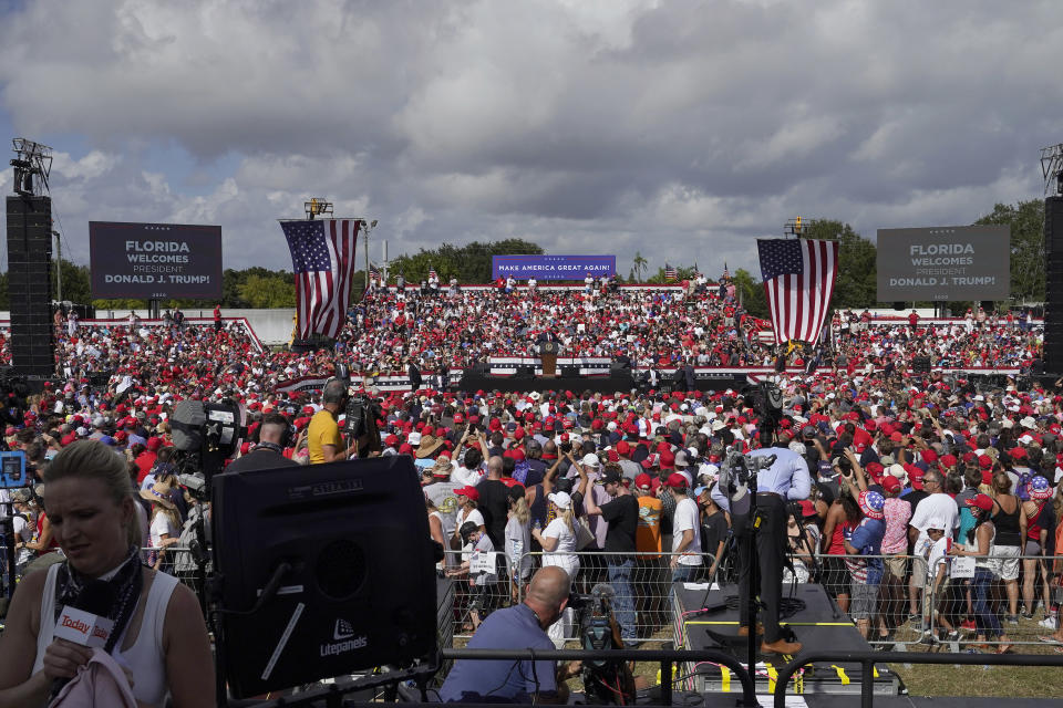 President Donald Trump speaks to the crowd during a campaign rally Thursday, Oct. 29, 2020, in Tampa, Fla. (AP Photo/Chris O'Meara)