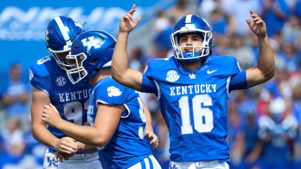 Kentucky place-kicker Alex Raynor (16), a transfer from Georgia Southern, is 4-of-4 on field-goal tries as a Wildcat.