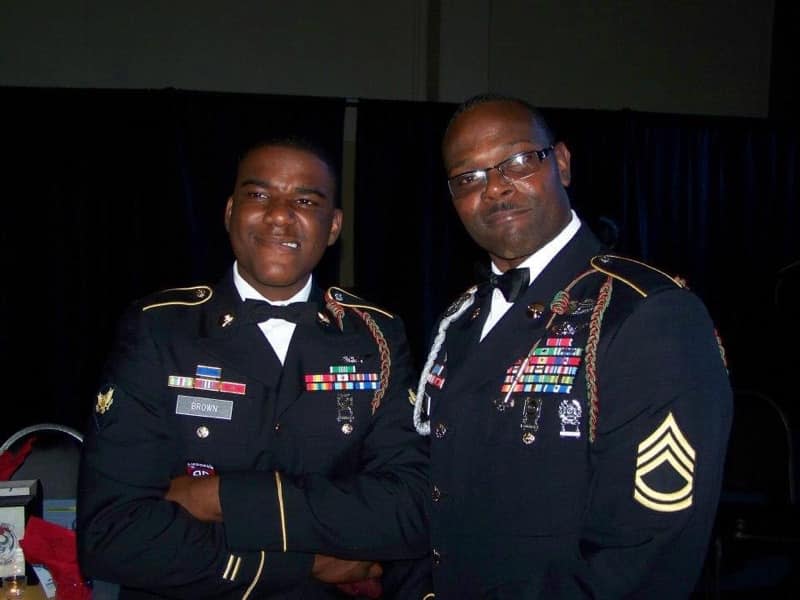 Shawn Brown on the left with SFC Xavier Noel at a military ball after returning from Afghanistan.