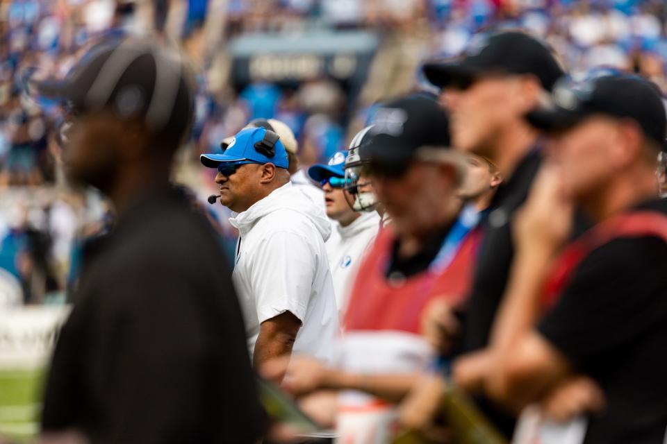 Brigham Young Cougars head coach Kalani Sitake on the sidelines during the football game against the Southern Utah Thunderbirds at LaVell Edwards Stadium in Provo on Saturday, Sept. 9, 2023. | Megan Nielsen, Deseret News