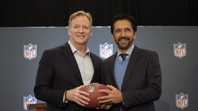 NFL Commissioner Roger Goodell, left, poses with Sao Paulo, Brazil, Mayor Ricardo Nunes, during a news conference at the NFL owners meeting in Irving, Texas, on Wednesday, Dec. 13, 2023. The NFL announced that a regular season game will be played in Sao Paulo.