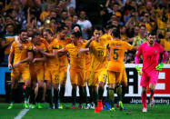 Football Soccer - Australia vs United Arab Emirates - 2018 World Cup Qualifying Asian Zone - Group B - Sydney Football Stadium, Sydney, Australia - 28/3/17 - Australia celebrates after Mathew Leckie (L) scored a goal against UAE. REUTERS/David Gray