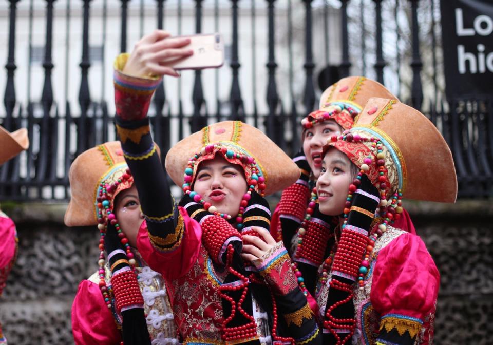 Performers taking part in a parade of costumes, lion dances and floats for London's Chinese New Year celebrations in central London.  (ANNUALLY)
