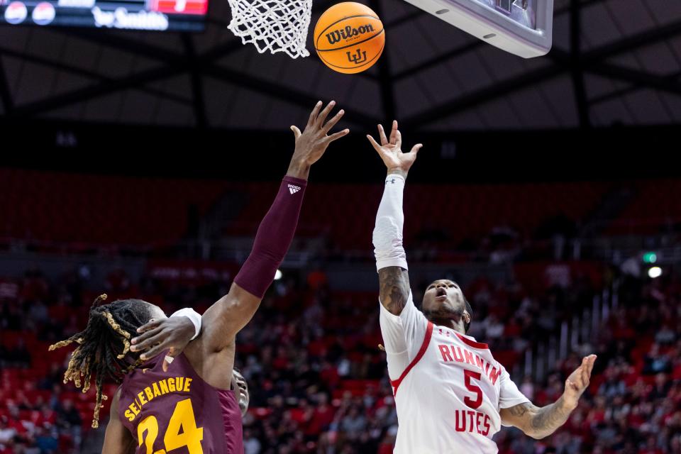 Utah Utes guard Deivon Smith (5) jumps for a shot against Arizona Sun Devils forward Bryant Selebangue (24) at the Huntsman Center in Salt Lake City on Saturday, Feb. 10, 2023. | Marielle Scott, Deseret News