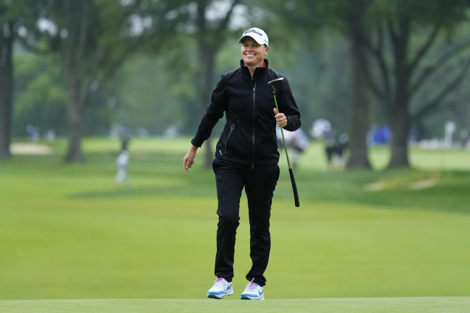 Lee-Anne Pace, of South Africa, reacts to her putt on the 15th hole during the second round of the Women's PGA Championship golf tournament, Friday, June 23, 2023, in Springfield, N.J. (AP Photo/Matt Rourke)