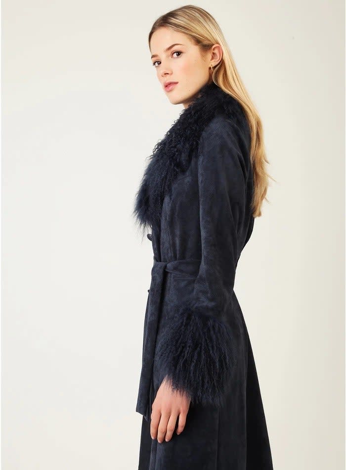 This coat is everything I've been searching for and more. Navy! Suede! Vegan! I'll be wearing with kick-flare denim and party dresses. Penny Lane called... <br> <br><strong>Charlotte Simone</strong> Penny Jacket, $, available at <a href="https://charlottesimone.com/products/penny-jacket-pink?variant=29756452765793&currency=GBP&gclid=EAIaIQobChMI5vW7nq7b5wIVjMreCh2fQgzSEAQYASABEgLmwvD_BwE" rel="nofollow noopener" target="_blank" data-ylk="slk:Charlotte Simone" class="link ">Charlotte Simone</a>